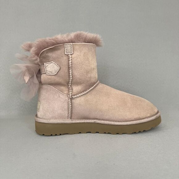 Womens Uggs Boots Bailey Bow Tulle Mini Dusk Pink Purple Sz 6 Fits 7 Suede Rare - Picture 9 of 16